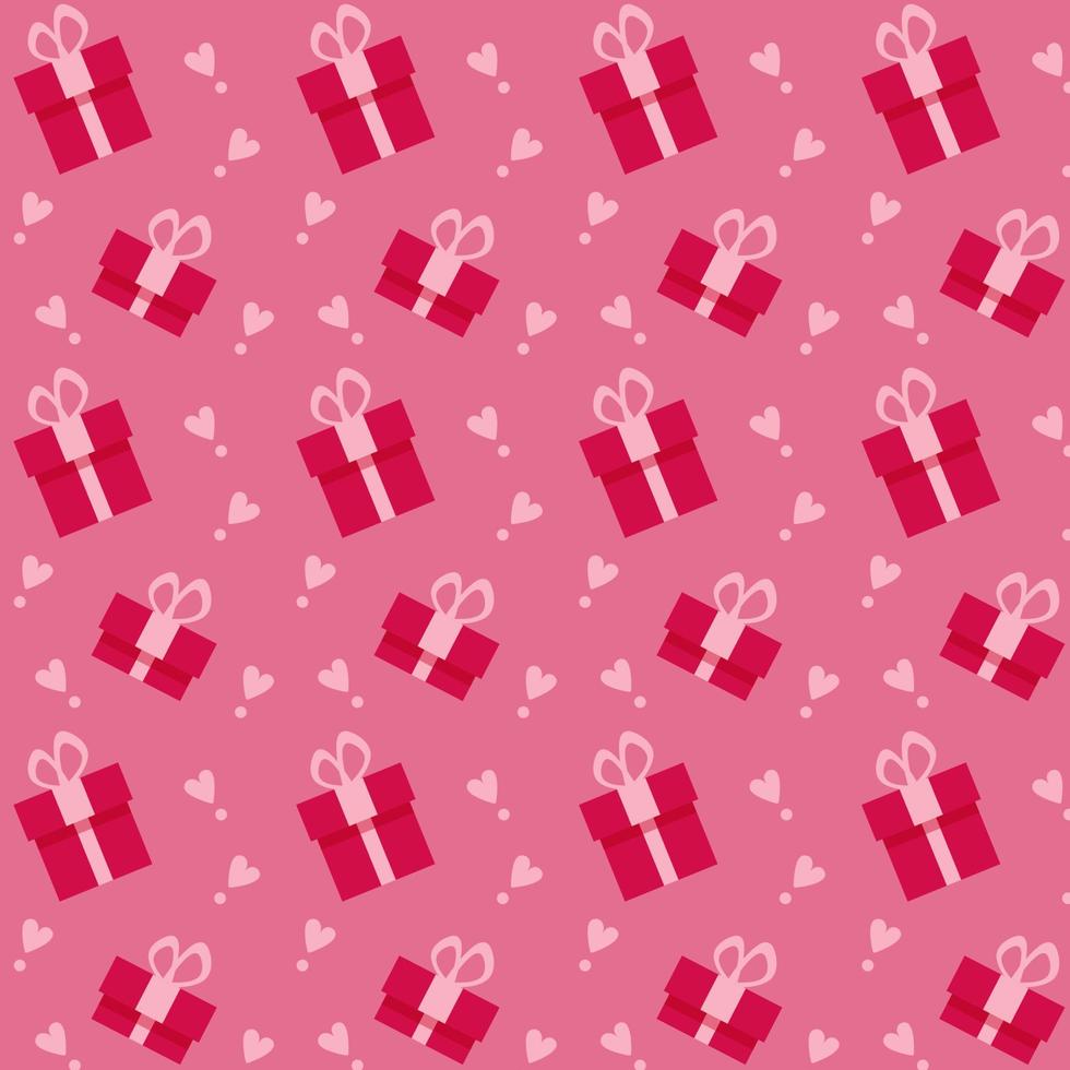 Seamless pattern with red gift boxes and pink hearts on pink background. Vector illustration