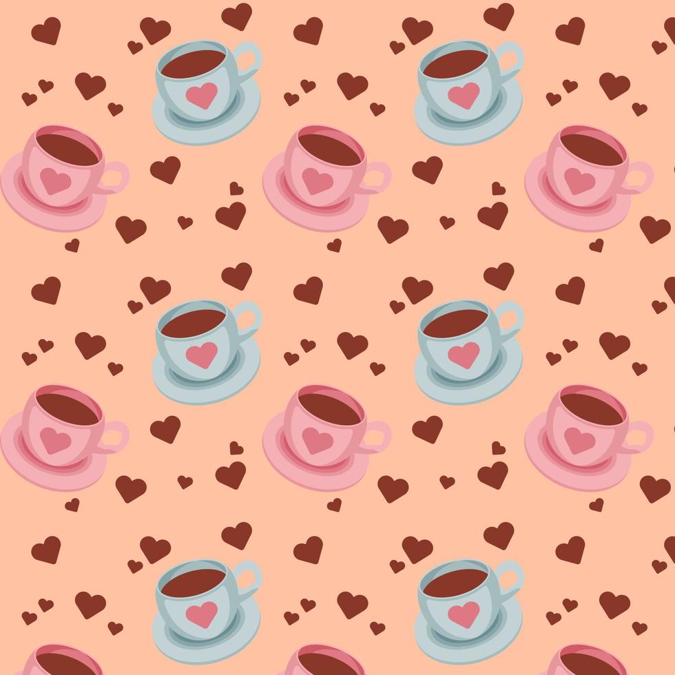 Seamless pattern with pink and blue coffee cups and chocolate hearts on a beige background. Vector illustration