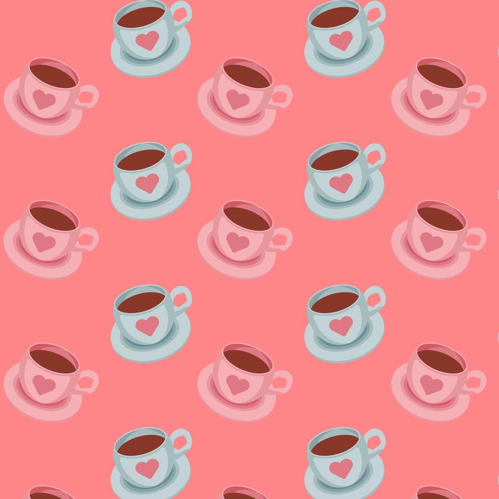 Seamless pattern with pink and blue coffee cups on a red background. Vector illustration