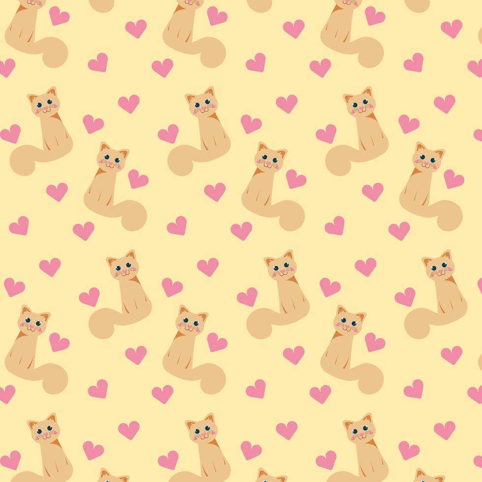 Seamless pattern with yellow cats and pink hearts on yellow background. Vector illustration