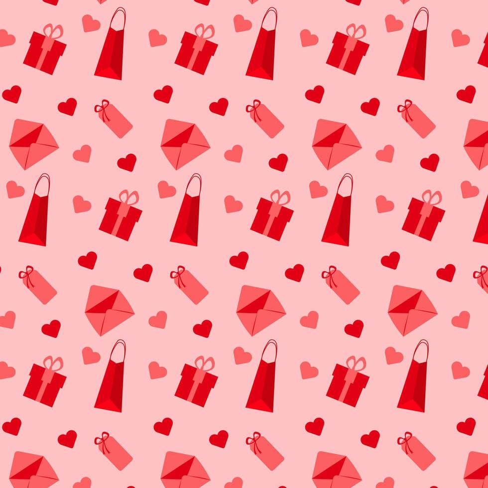 Seamless pattern with red and pink gift boxes and hearts on pink background. Vector illustration