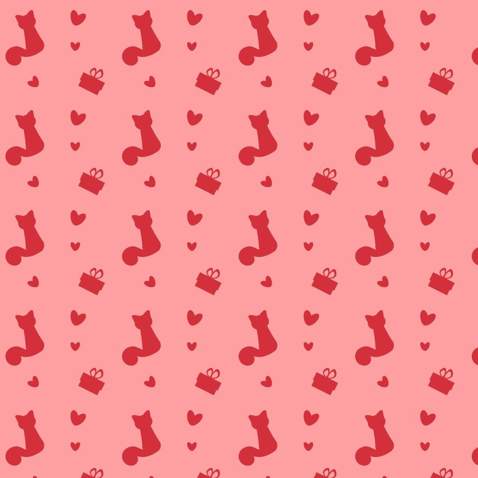 Seamless pattern with red cats and hearts. Vector illustration