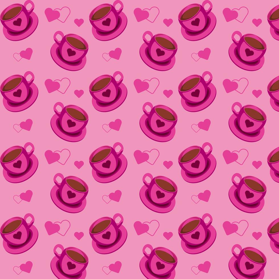 Seamless pattern with pink coffee cups and hearts on a pink background. Vector illustration