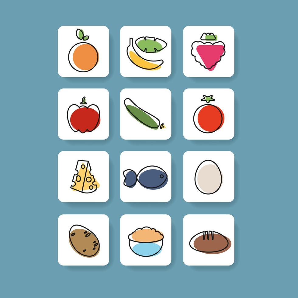 Set of colorful fruit and vegetable square button icons for app healthy nutrition. Vector illustration. Colorful outline web elements