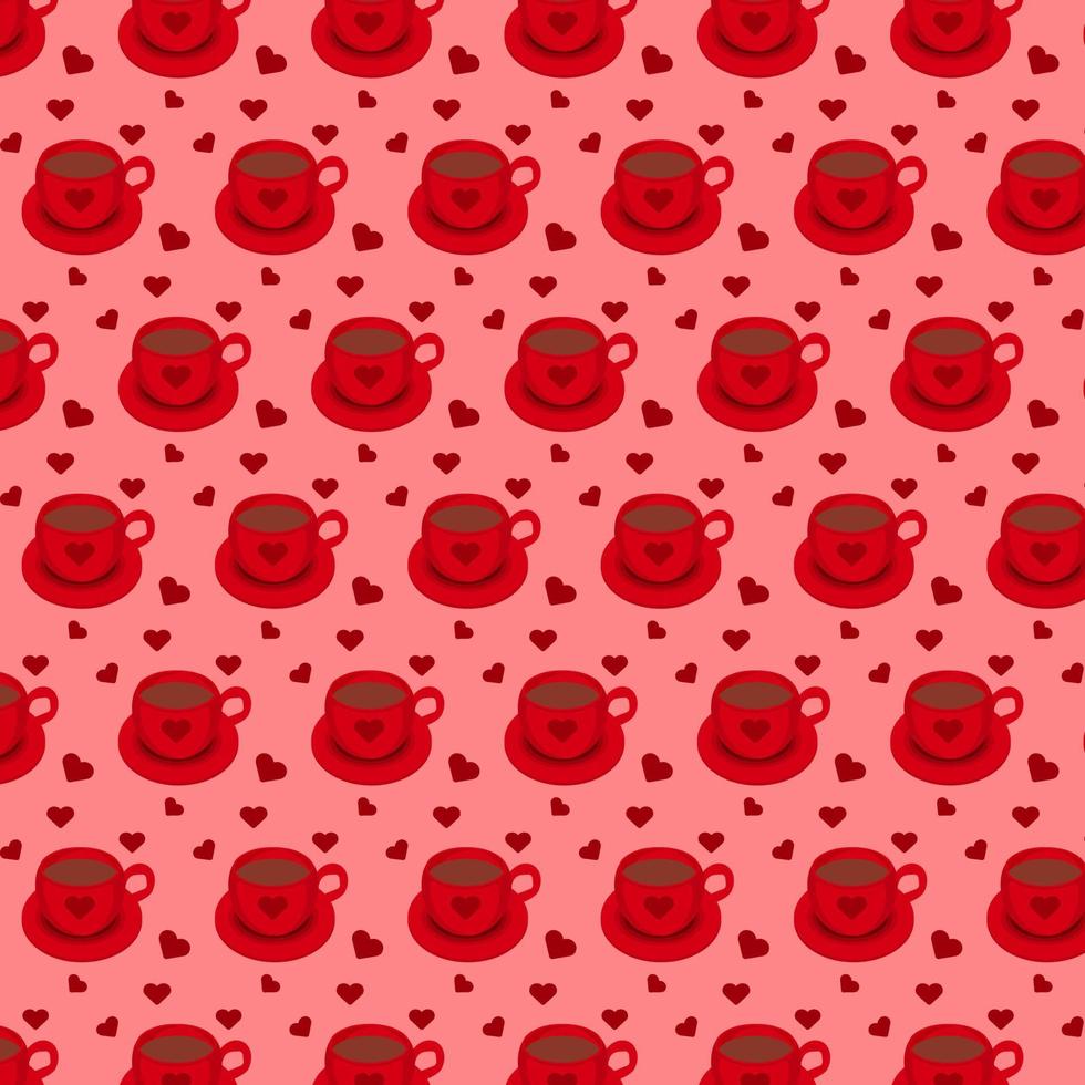 Seamless pattern with red coffee cups and hearts on a red background. Vector illustration