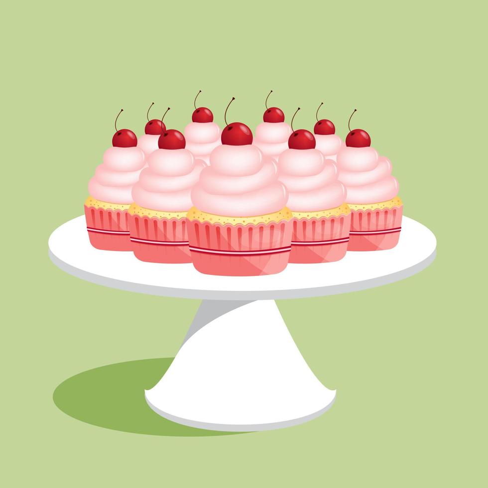 Many flavor cupcakes with red cherries on a white platter, vector Illustration