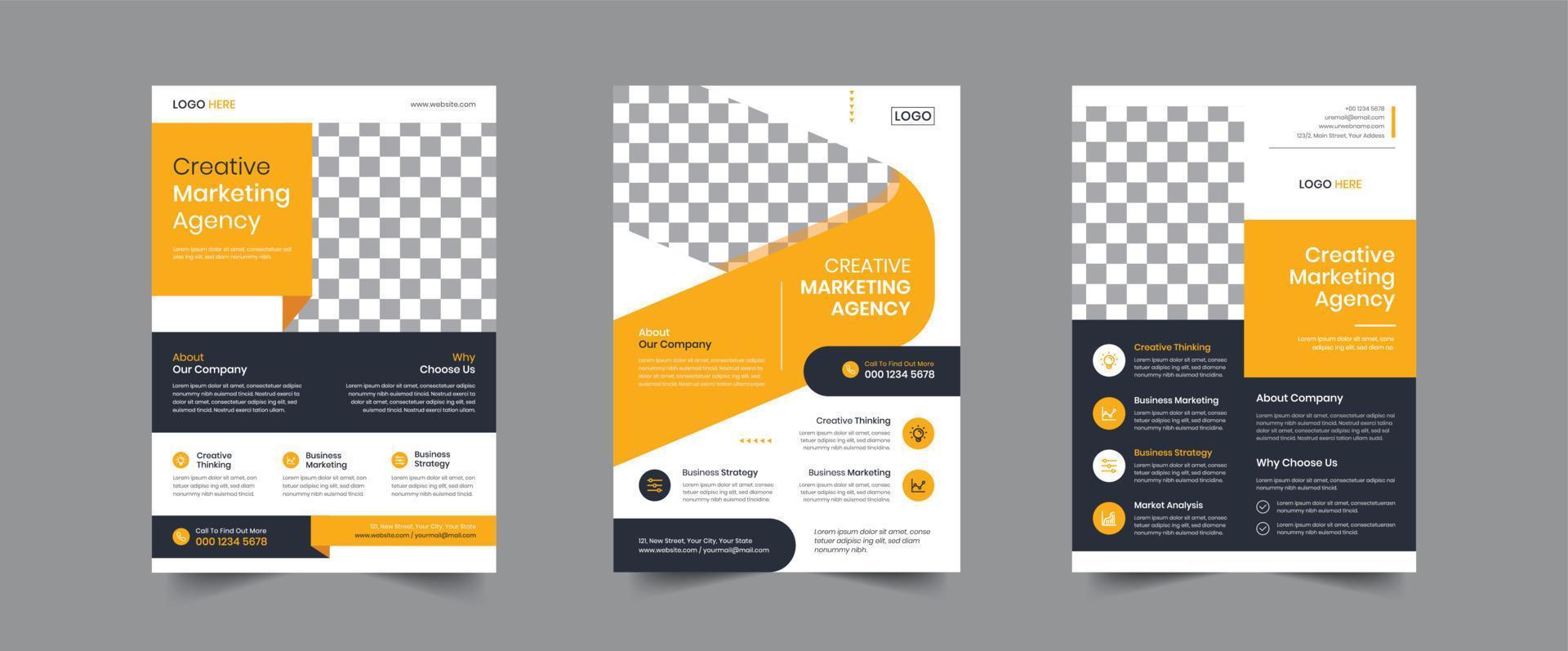 Creative Corporate business flyer template design. 3 Leaflet Brochure poster vector illustrator. For marketing, promotion, business proposal, advertise, Annual Report, book cover, education