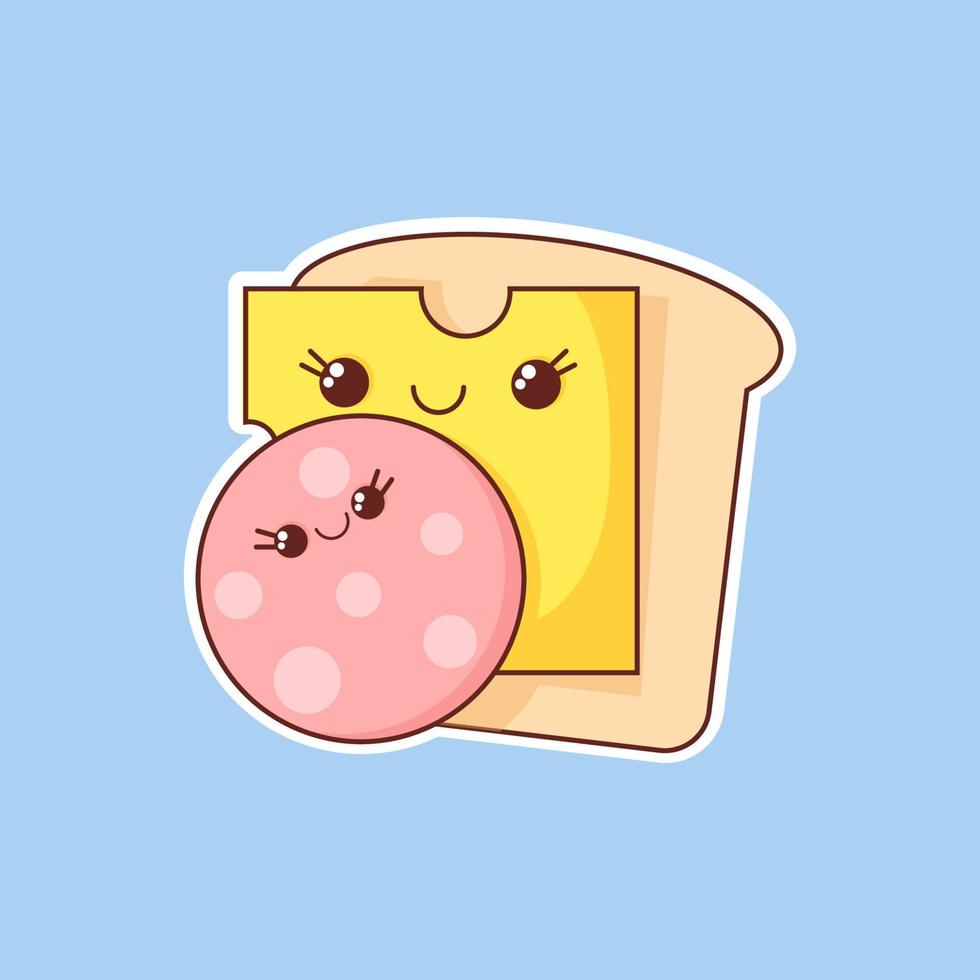 Bread, sausage and cheese sandwich with kawaii style smiles vector