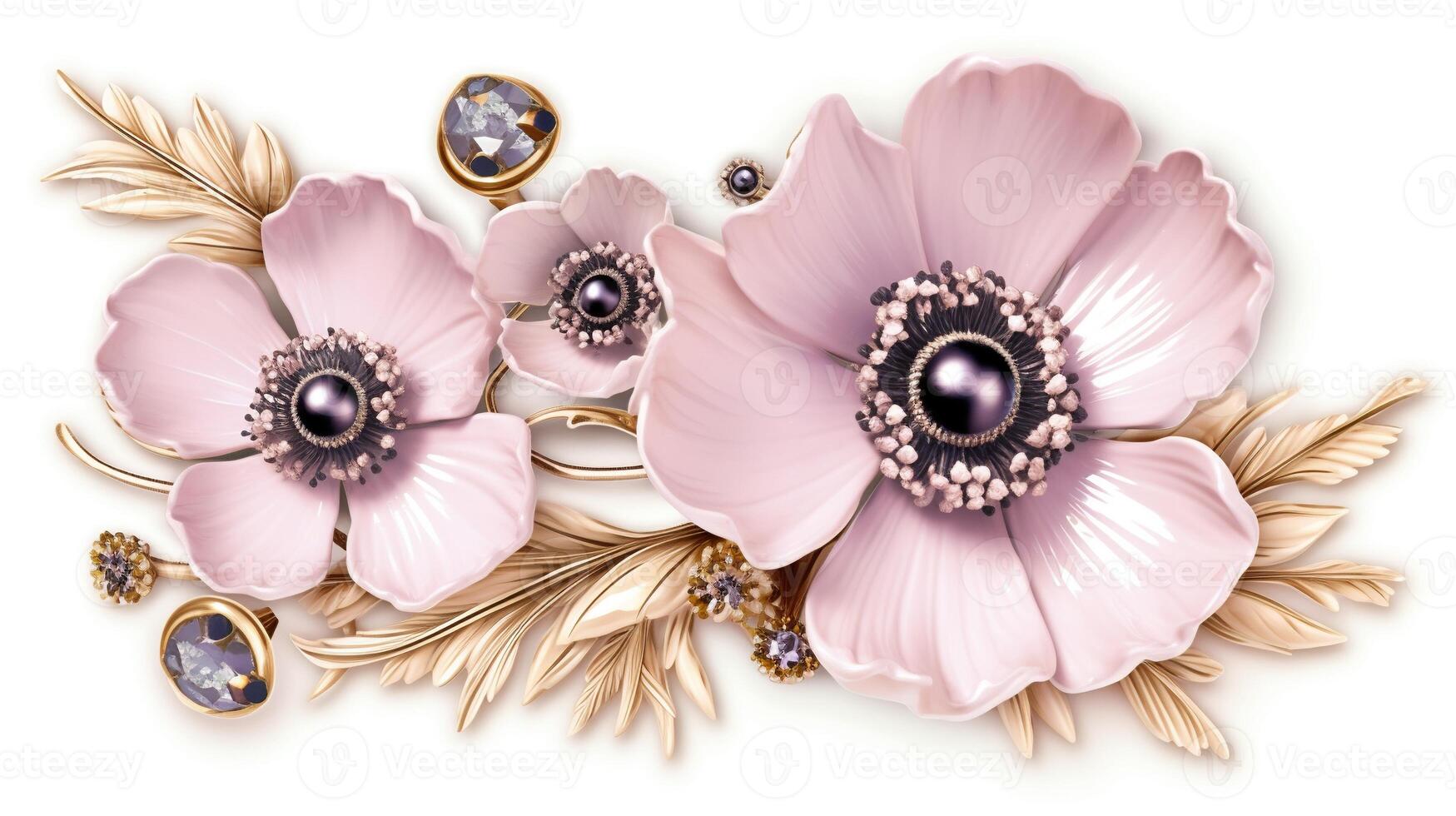 , beautiful light pink flowers brooch, opal stone and golden color palette isolated on white background. Bijouterie, jewelry close up photo