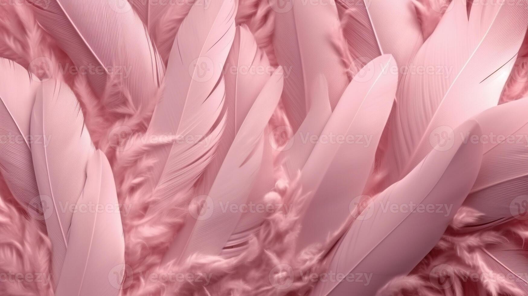 , Beautiful light pink closeup feathers, photorealistic background. Small fluffy pink feathers randomly scattered forming photo