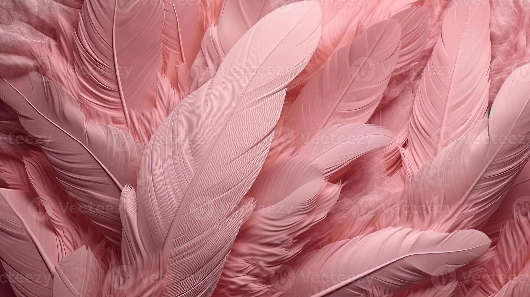 , Beautiful light pink closeup feathers, photorealistic background. Small fluffy pink feathers randomly scattered forming photo