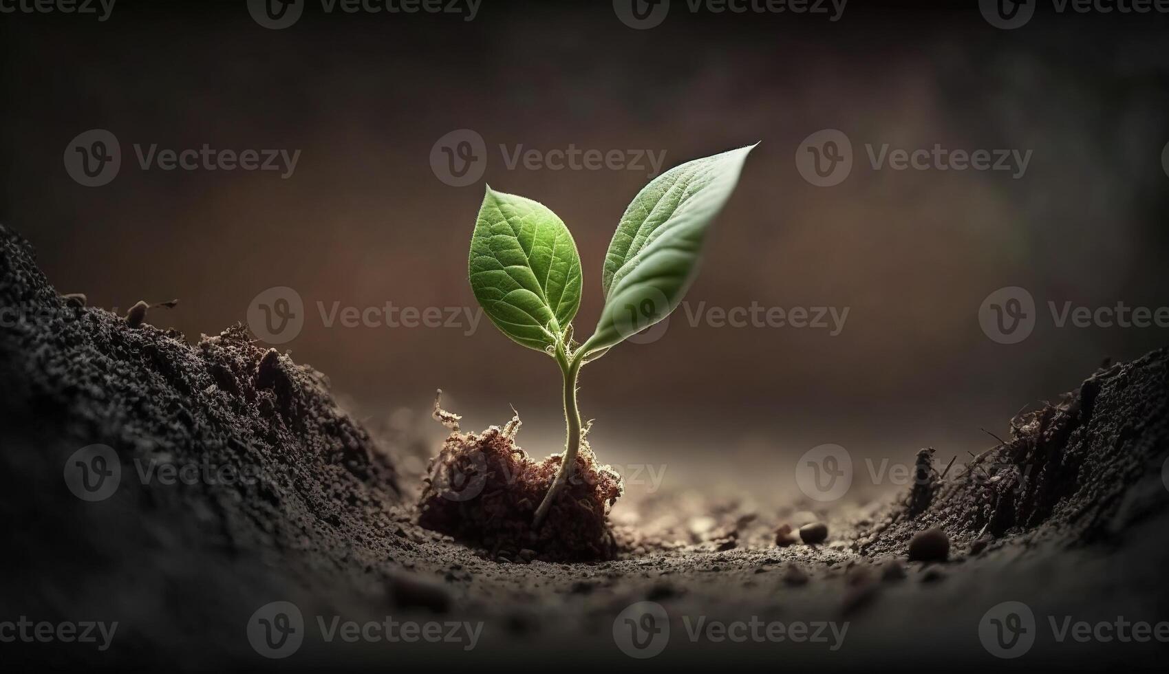 , Young plant Growing In sunlight from the ground, macro photorealistic illustration, agricultural vegetable. Nature organic healthy farm food concept, horizontal banner. photo