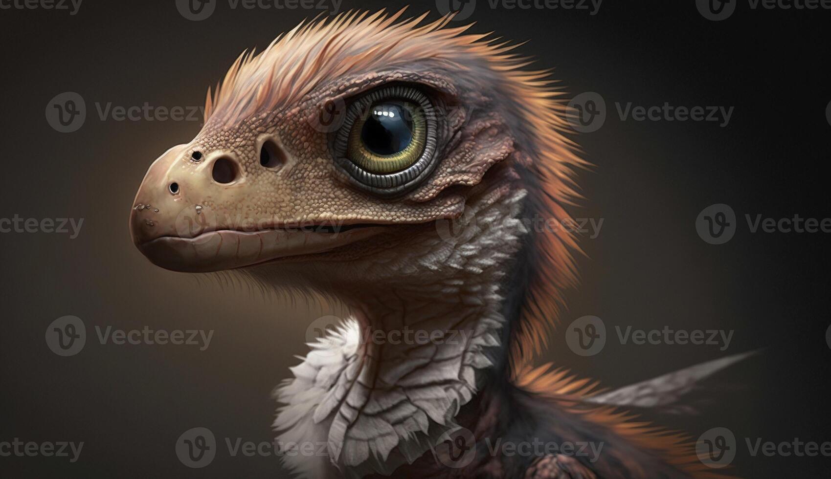 , baby of velociraptor, ancient carnivore dinosaur, extinct animal. Cute small animal. photo