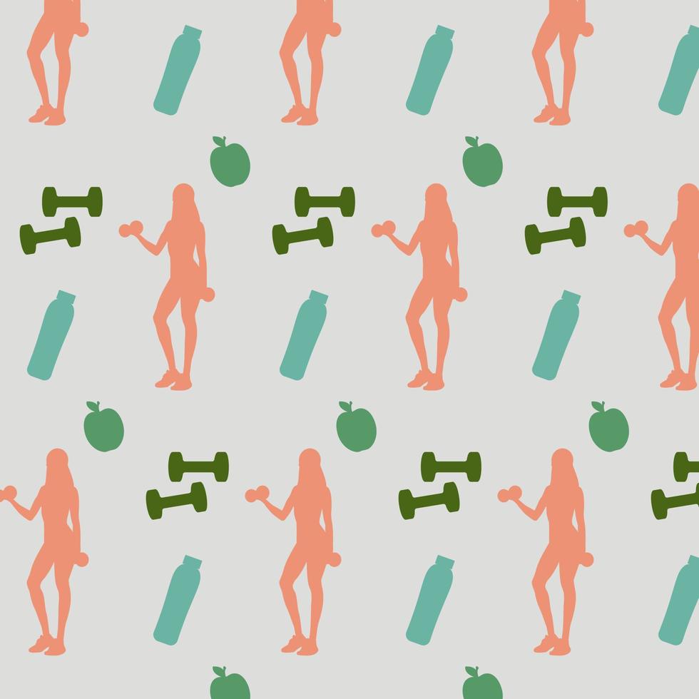 Seamless pattern with icons of fitness women, gym dumbbells, bottles of water, and apples. Vector illustration