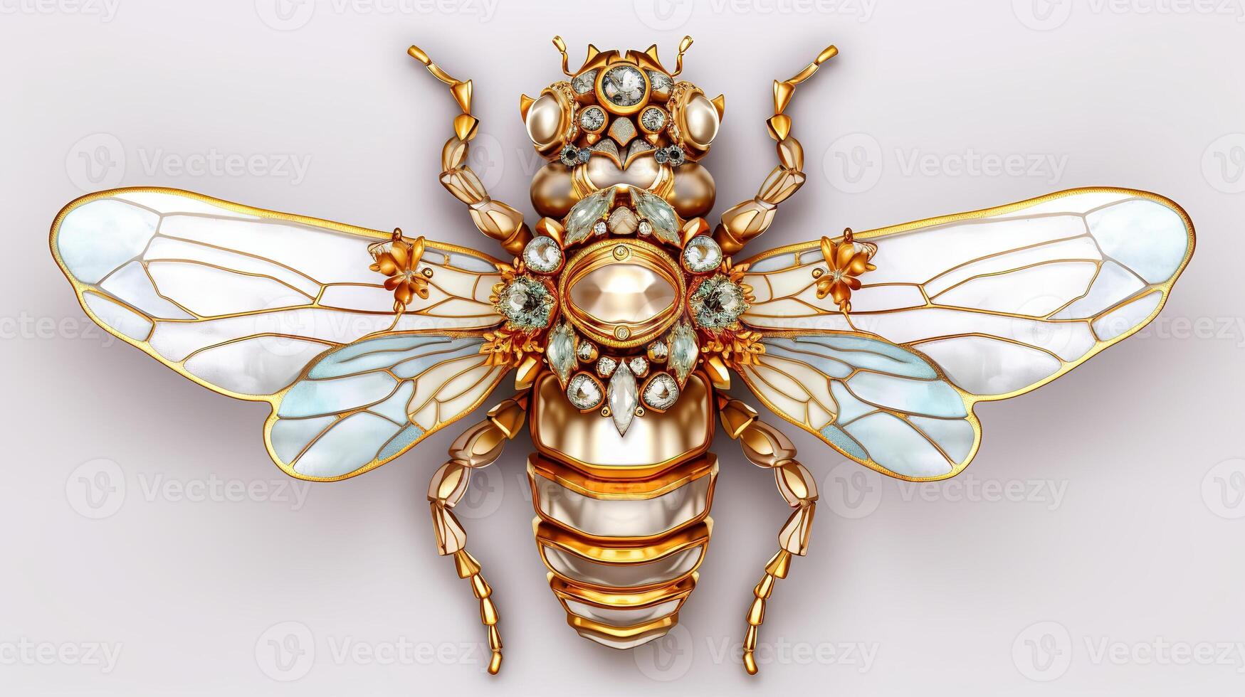 , beautiful honey bee brooch, opal stone and golden color palette isolated on white background. Bijouterie, jewelry close up photo