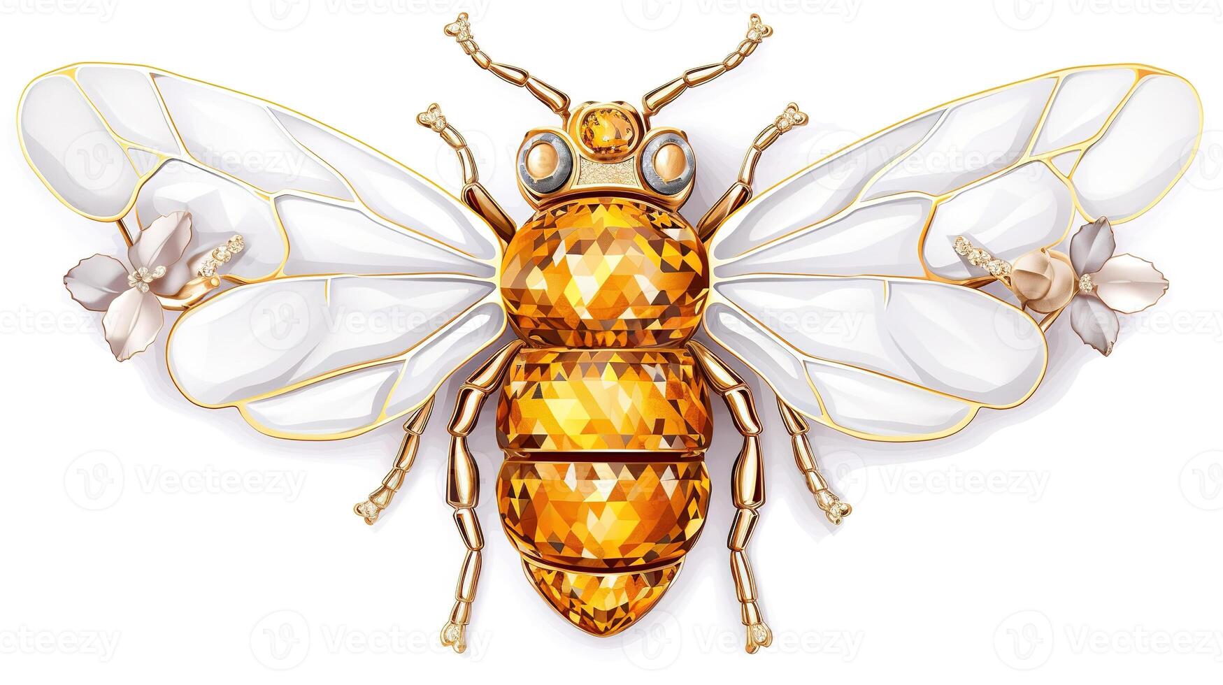 , beautiful honey bee brooch, opal stone and golden color palette isolated on white background. Bijouterie, jewelry close up photo