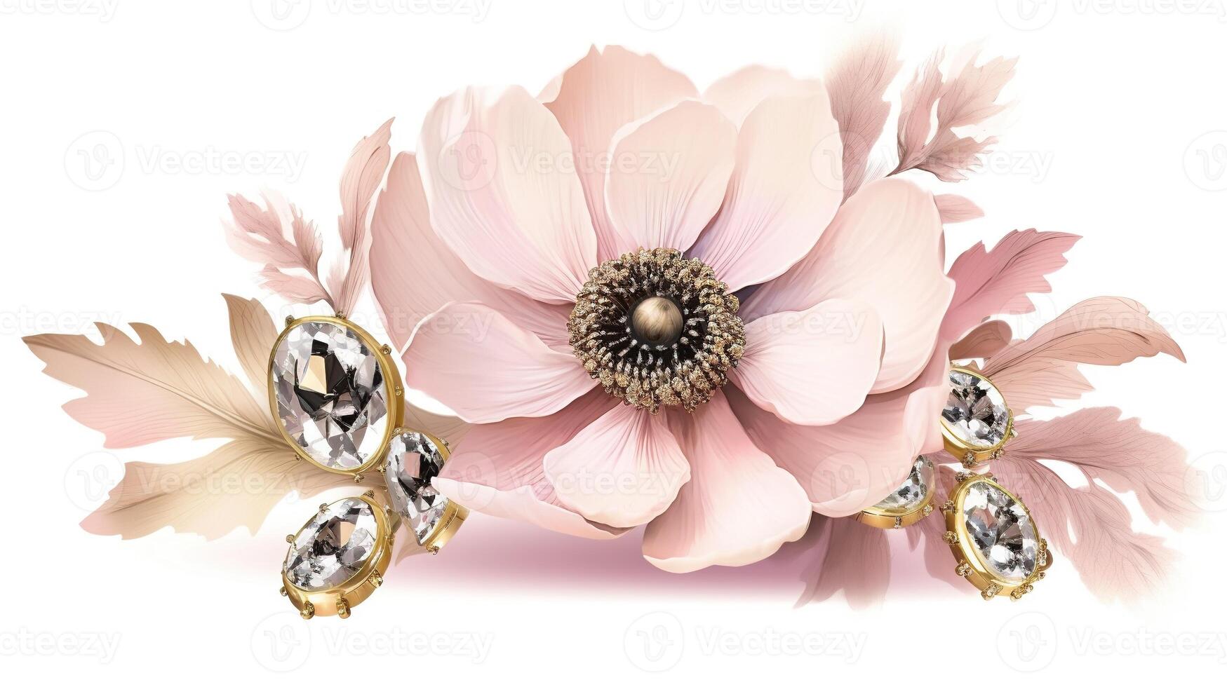 , beautiful light pink flowers brooch, opal stone and golden color palette isolated on white background. Bijouterie, jewelry close up photo