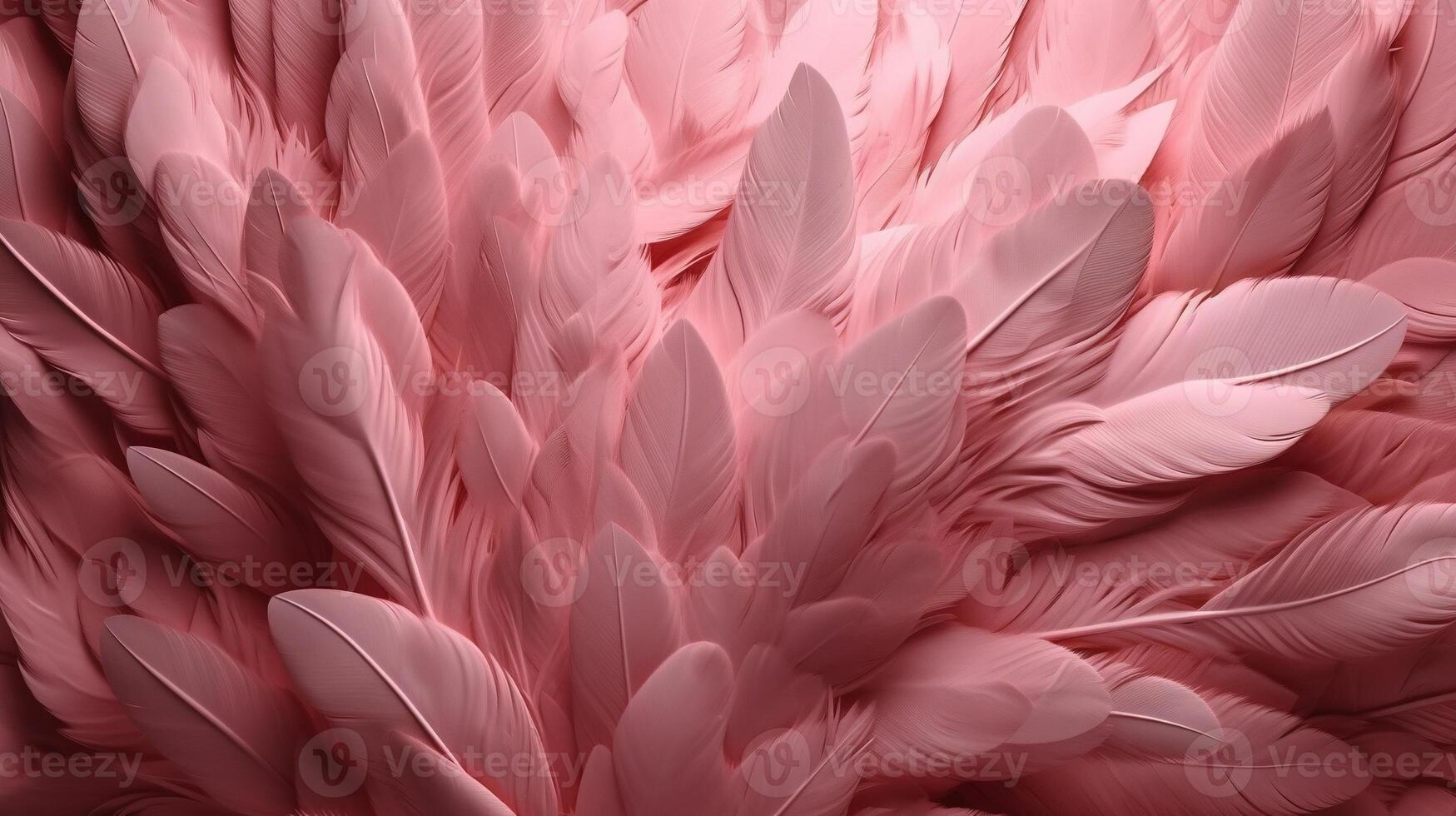 , Beautiful light pink closeup feathers, photorealistic background. Small fluffy pink feathers randomly scattered forming photo