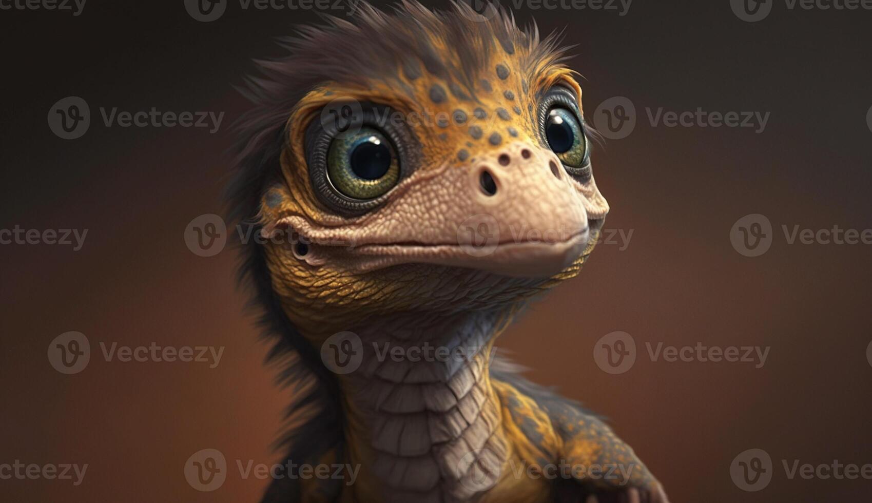 , baby of velociraptor, ancient carnivore dinosaur, extinct animal. Cute small animal. photo