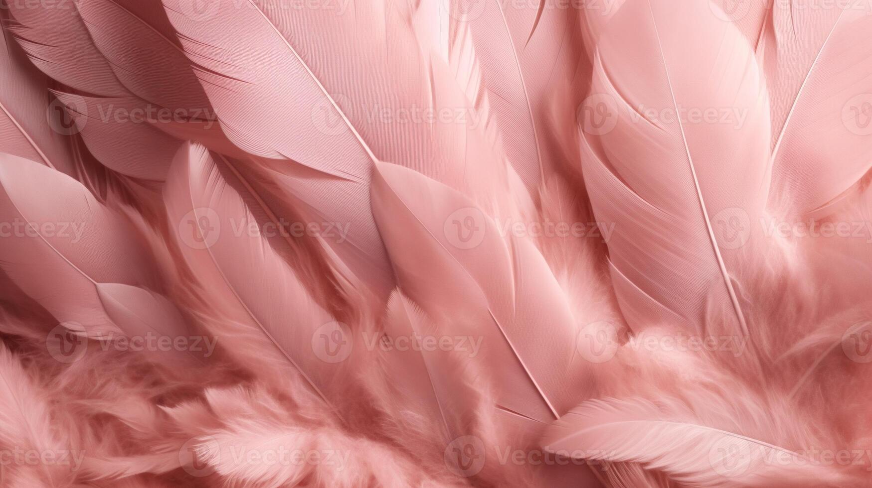 , Beautiful light pink closeup feathers, photorealistic background. Small fluffy pink feathers randomly scattered forming photo