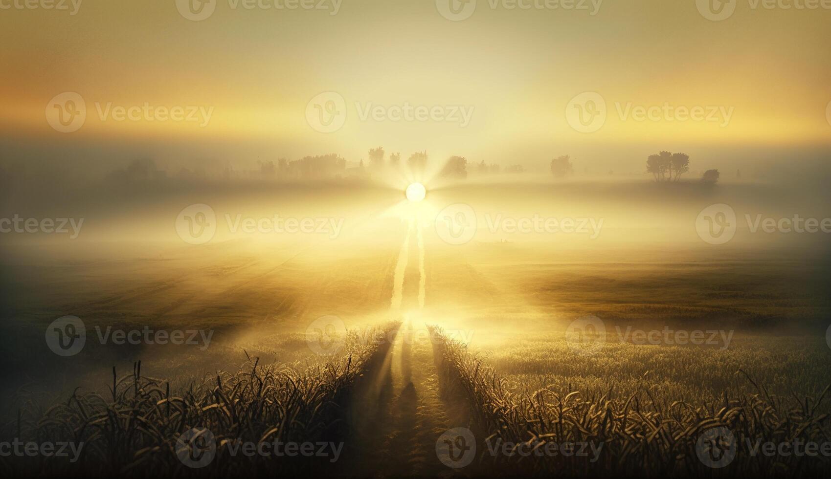 , Morning farm landscape with sun, agricultural fields in fog, beautiful countryside, country road. Nature Illustration, photorealistic top view drone, horizontal banner. photo
