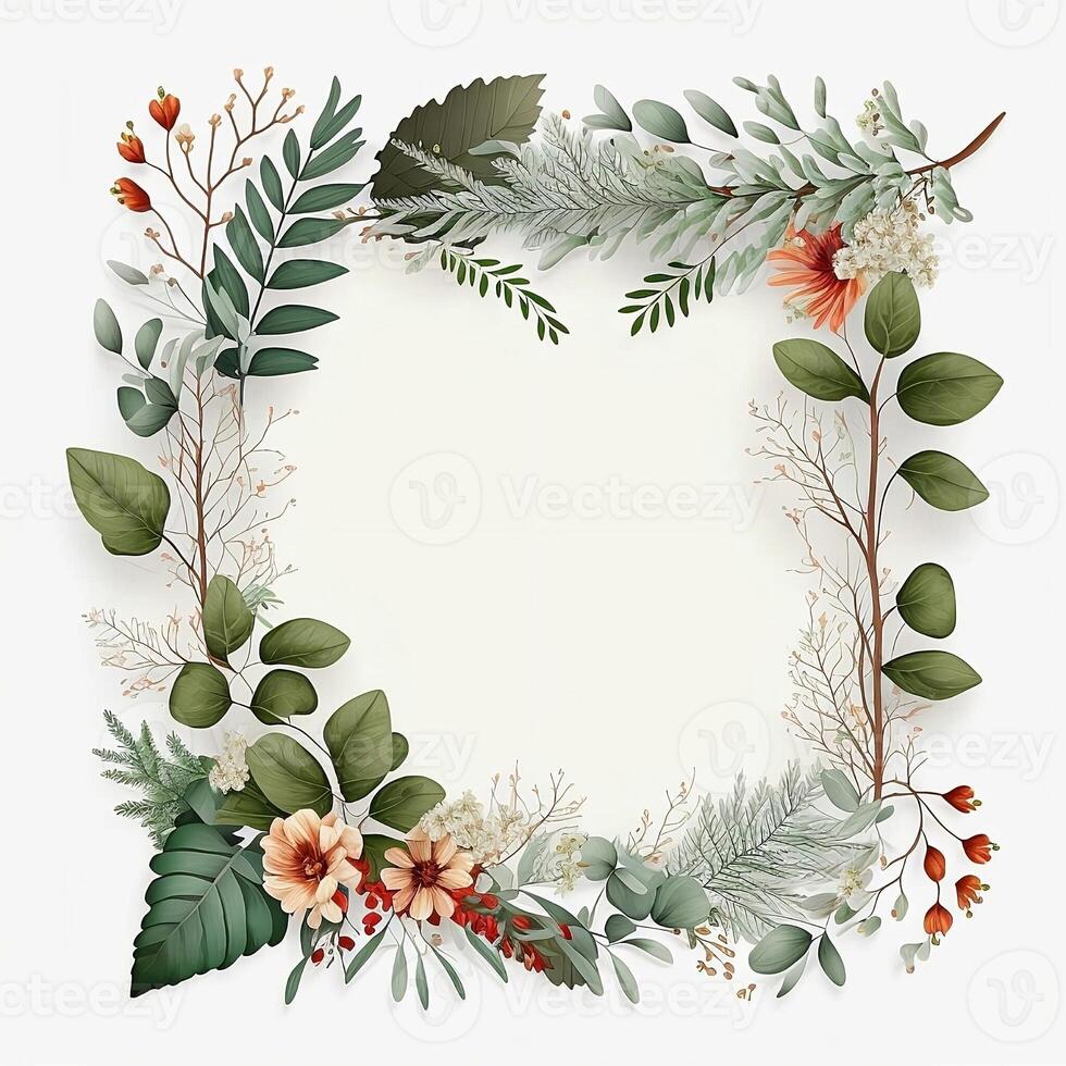 Flower Frame Surrounded With Foliage Twigs on white canvas background - photo
