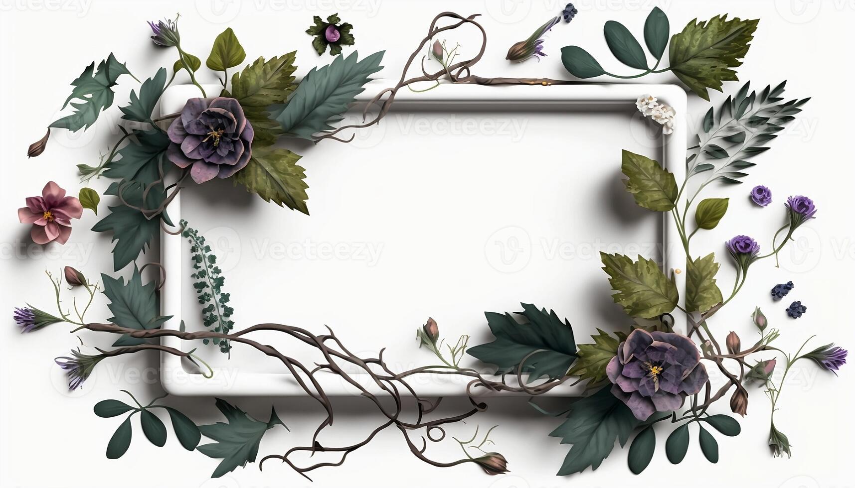 Flower Frame Surrounded With Foliage Twigs on white canvas background - photo