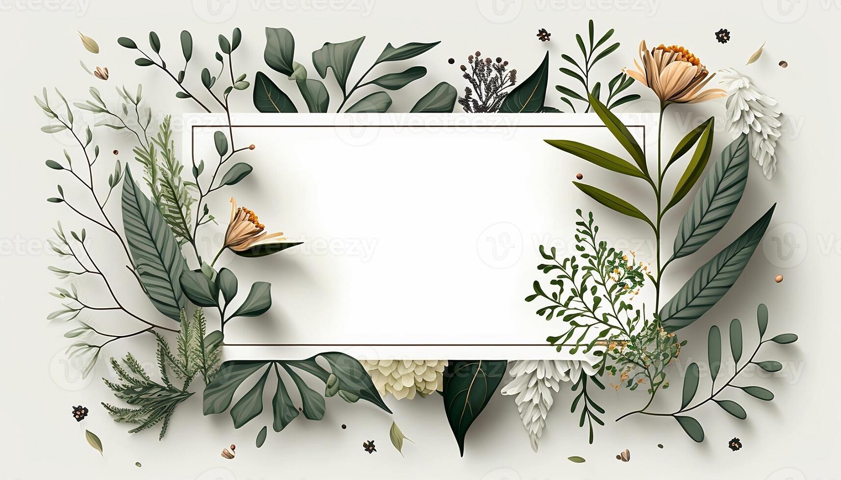 Flower Frame Surrounded With Foliage Twigs on white canvas background - photo
