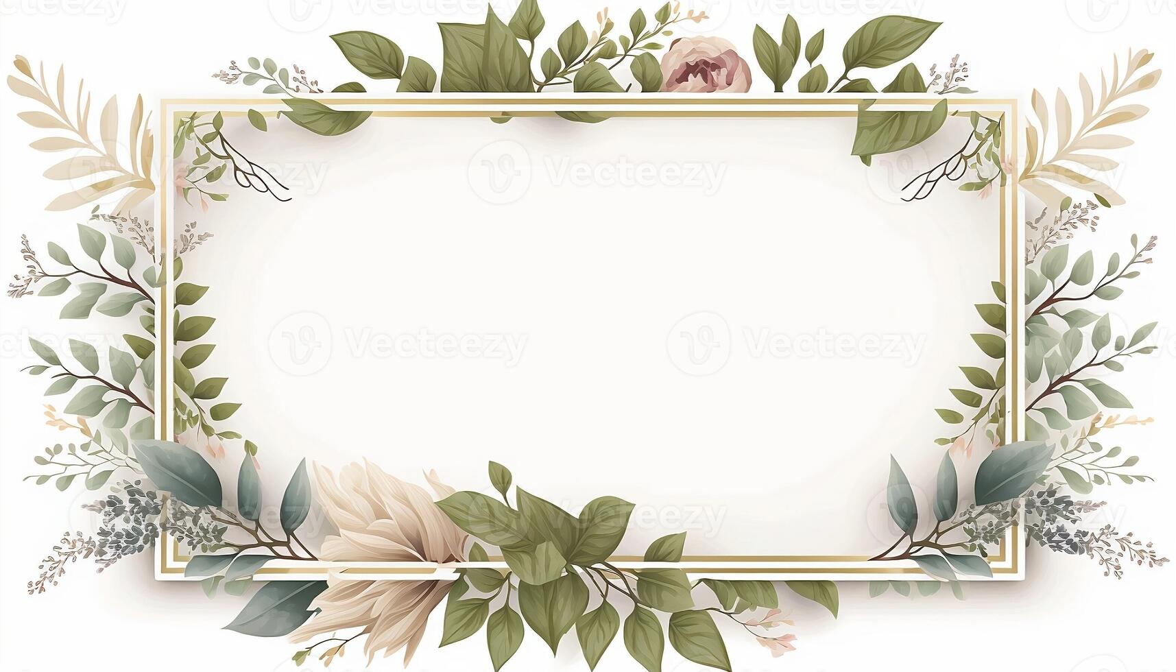Flower Frame Surrounded With Foliage Twigs on white canvas background - photo
