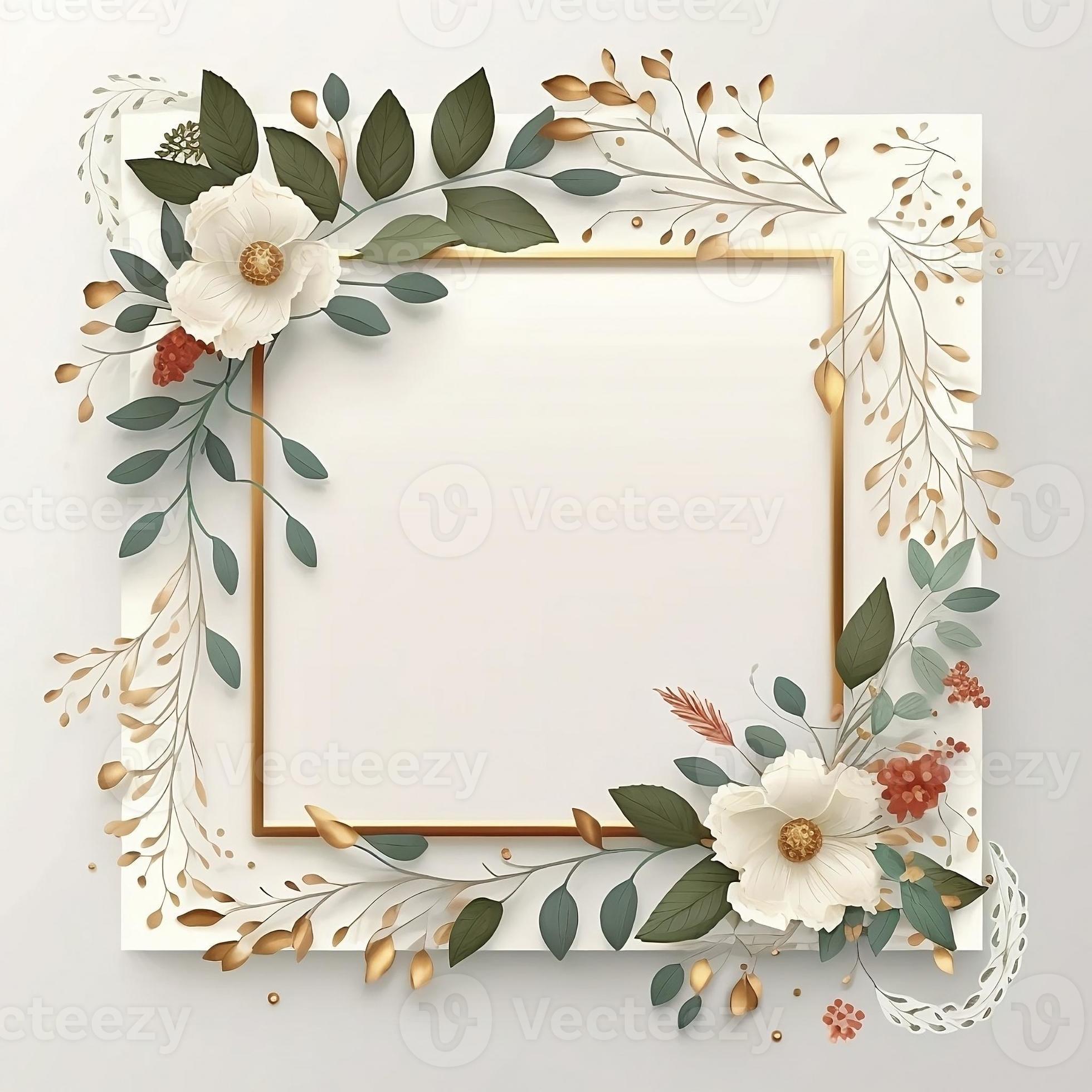 Blank White Square Frame Decorated with Flowers Around the Edges and