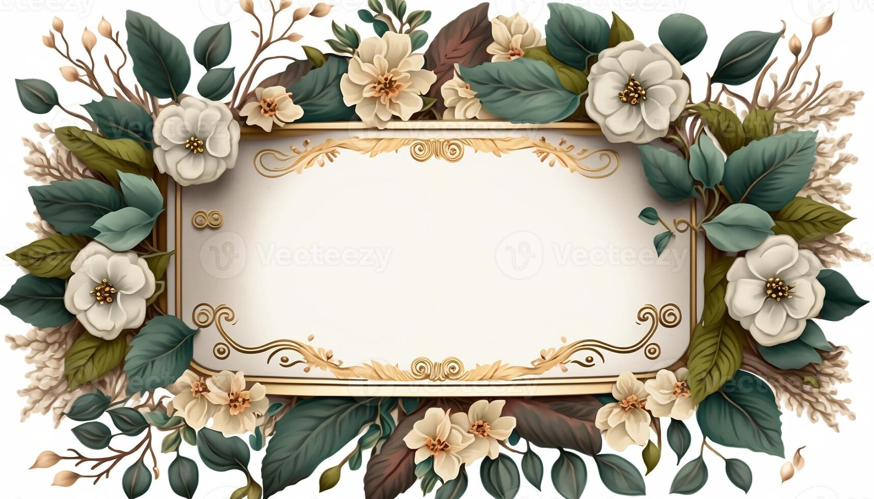 Rectangular Rose Flower Frame Surrounded With Twigs of Foliage in Aesthetic Style Background - photo