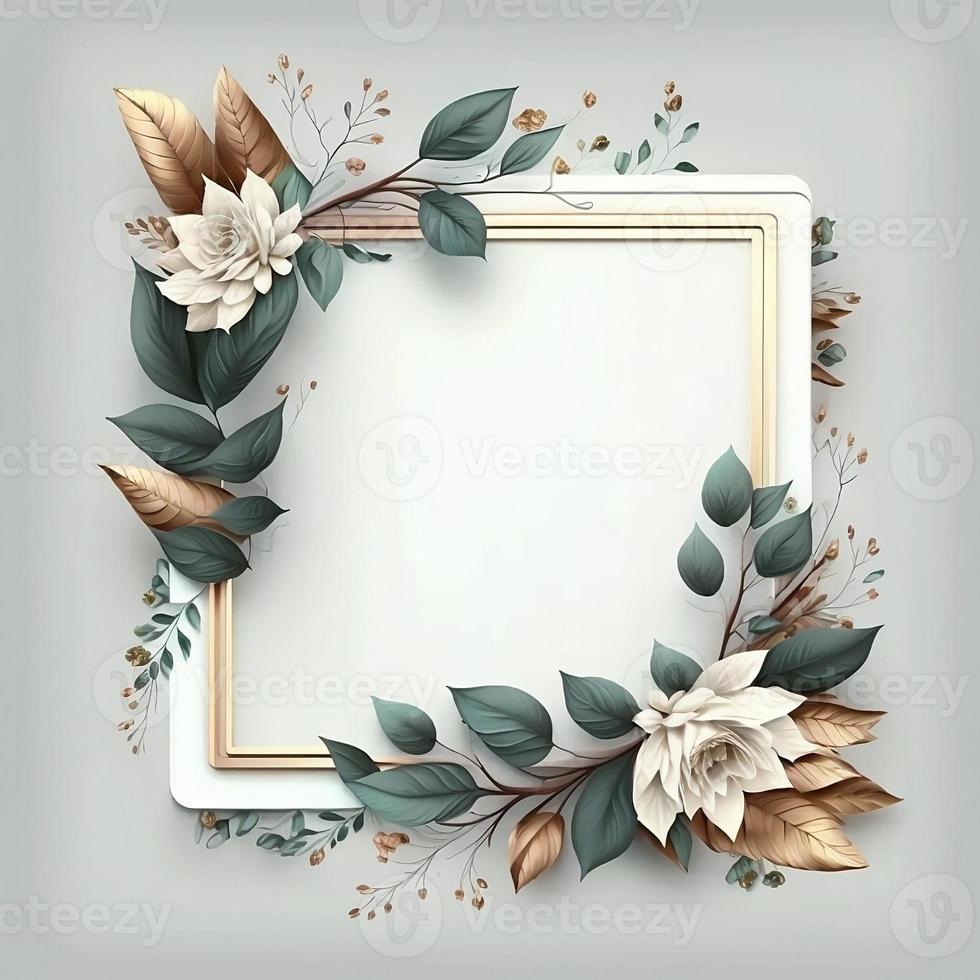 Blank White Square Frame Decorated with Flowers Around the Edges and Surrounded by Leaf Branches Background photo