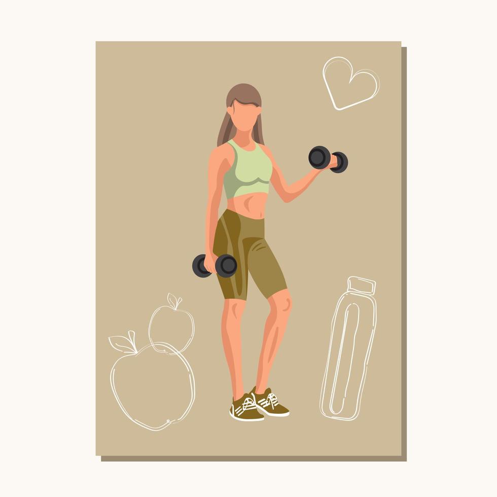 Fitness poster with a Caucasian woman in sportswear standing and doing a workout with dumbbells. Vector illustration