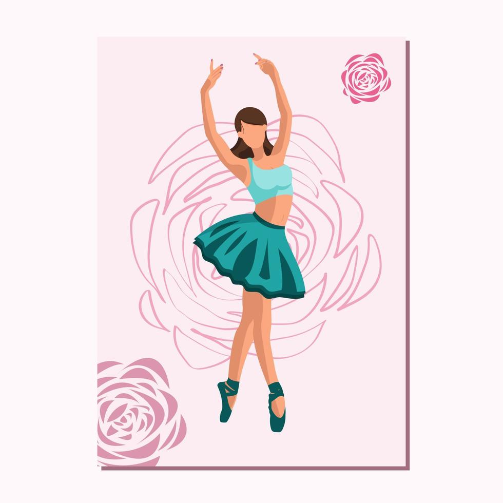 Caucasian white faceless ballet dancer in a green tutu and pointe shoes dancing on a pink poster with flowers. Vector illustration in flat style