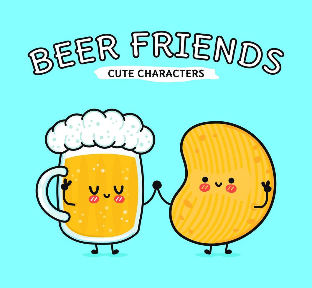 Cute, funny happy glass of beer and chips. Vector hand drawn cartoon kawaii characters, illustration icon. Funny cartoon glass of beer and chips mascot character concept