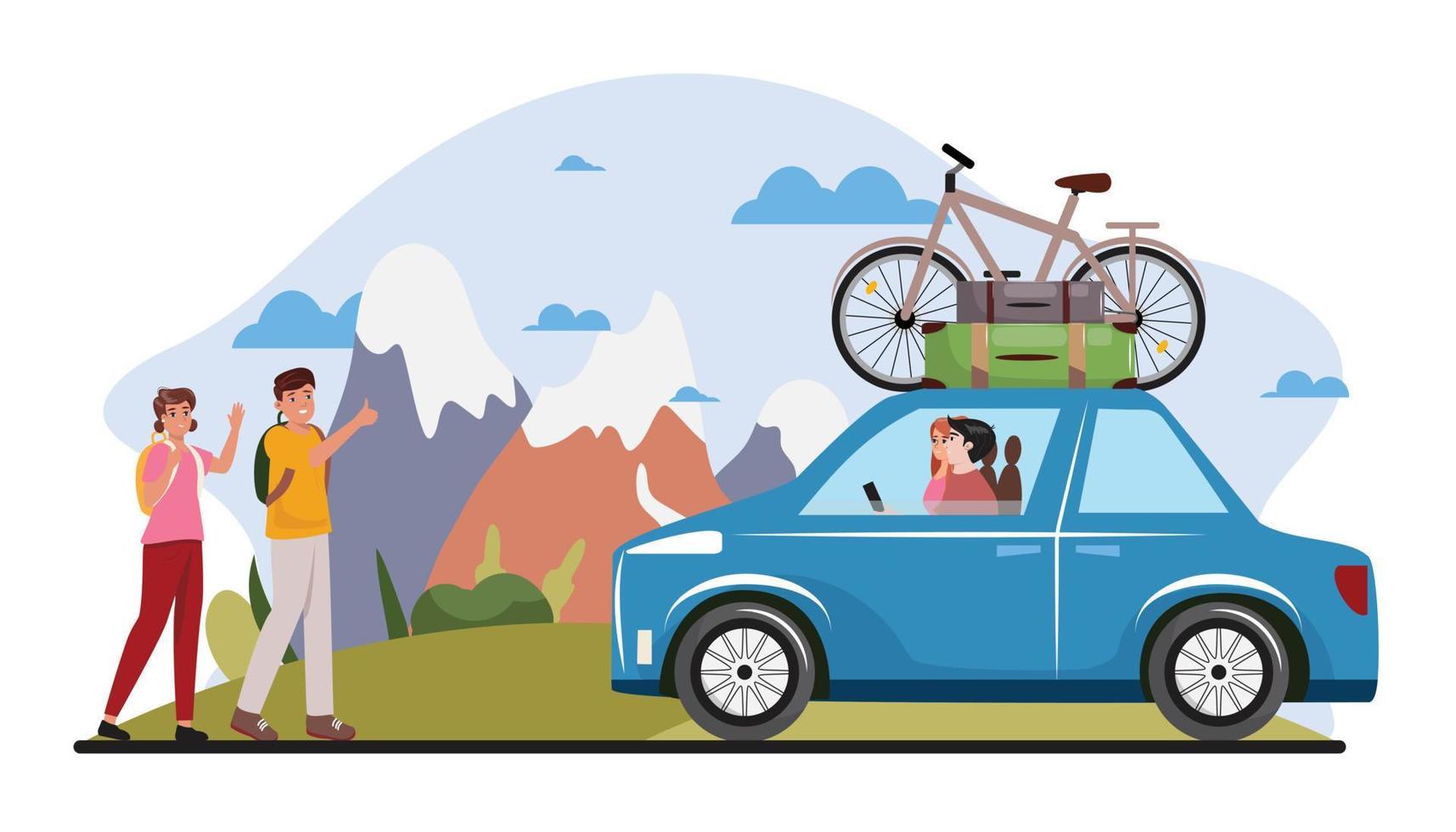 People on the road catching a blue car on mountain background. vector