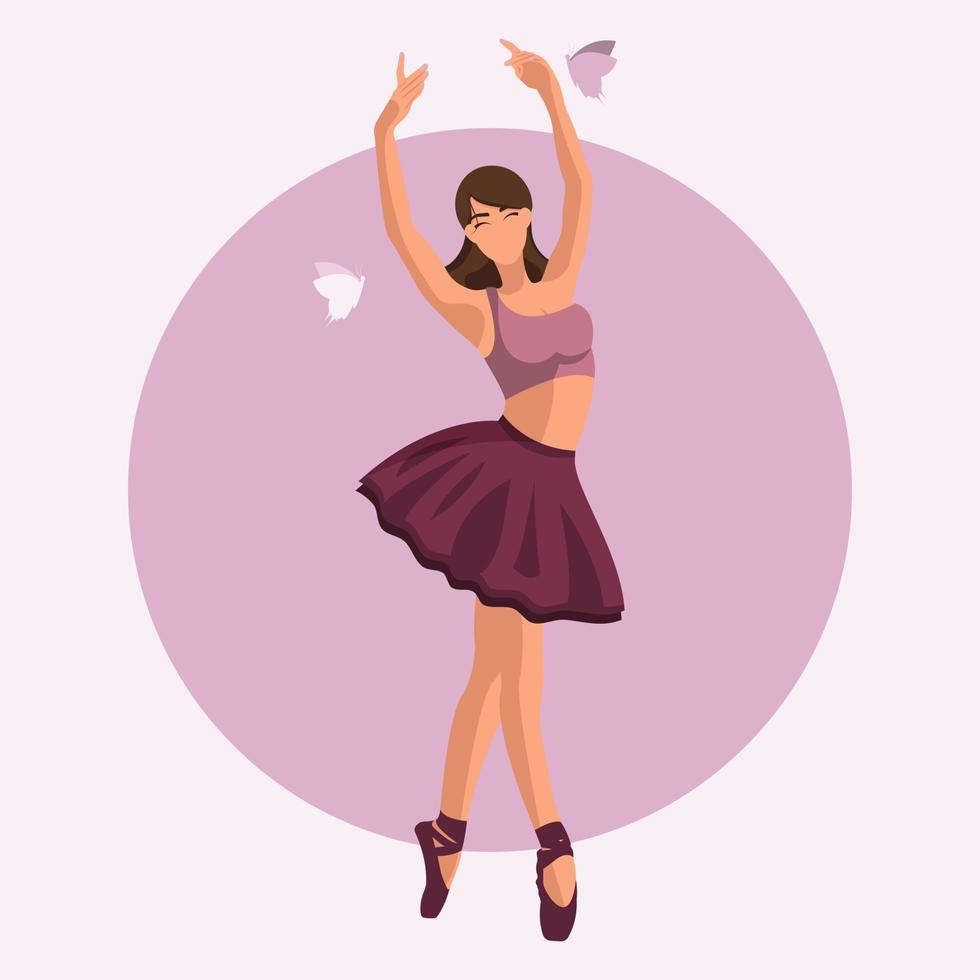 Vector illustration classical ballet. Caucasian white woman ballet dancer in a tutu and pointe shoes dancing with butterflies on purple circle background in a flat style