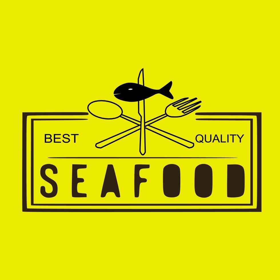 Vector logo for Fresh Seafood, white decorative sign board with illustration of cut pieces of assorted fish, boiled shrimps and opened mussels, brush font for words fresh seafood on blue background.