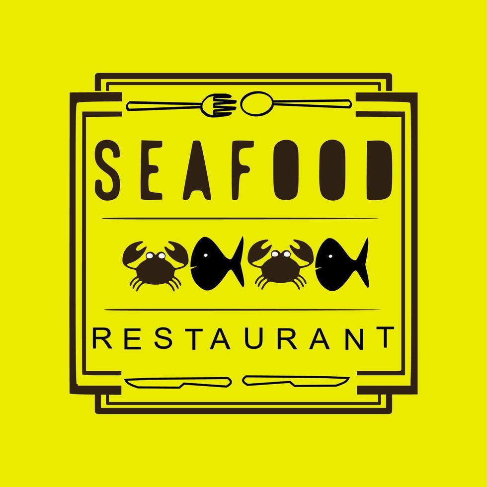 Vector logo for Fresh Seafood, white decorative sign board with illustration of cut pieces of assorted fish, boiled shrimps and opened mussels, brush font for words fresh seafood on blue background.