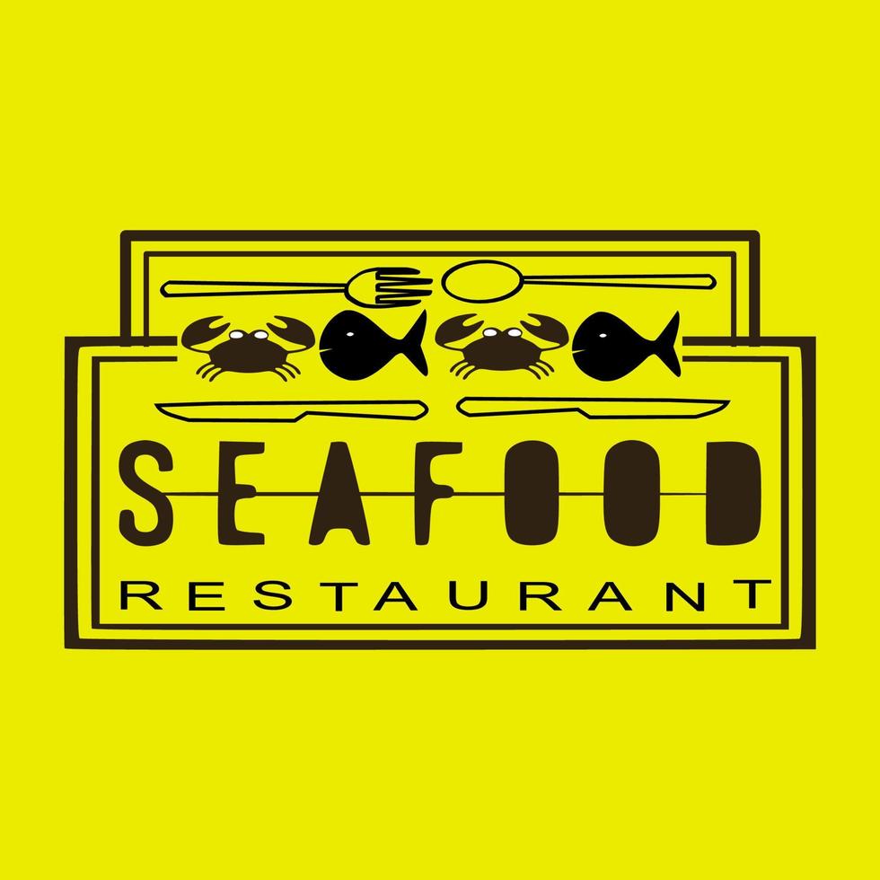 Vector logo for Fresh Seafood, white decorative sign board with illustration of cut pieces of assorted fish, boiled shrimps and opened mussels, brush font for words fresh seafood on blue background.