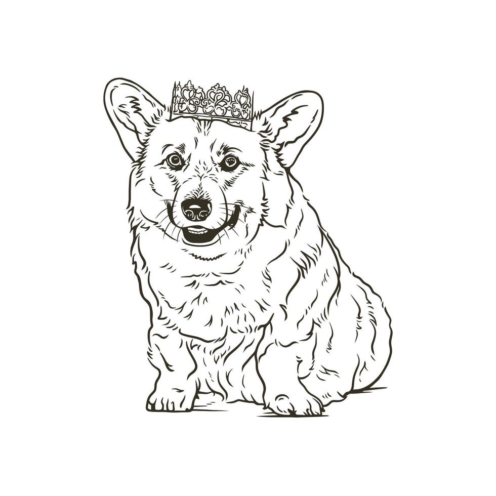 Cute little puppy wearing crown, hand drawn vector line art illustration