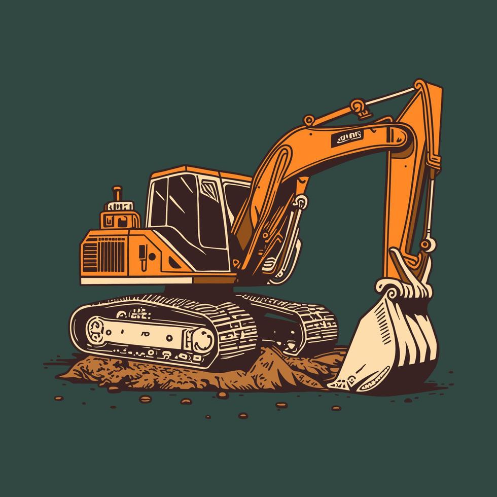 Yellow excavator digging into the ground with dirt. Vector illustration