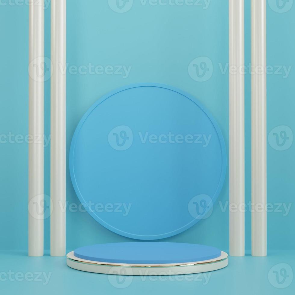 blue and white cylinder pedestal podium with circle shape backdrop. abstract pastel blue color. 3d rendering photo