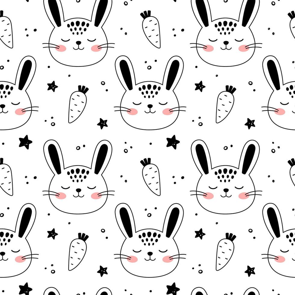 Little bunny doodle style. Hand drawn seamless pattern with cute cartoon Rabbit, dotts, carrots, stars. Kids background. Kids design texture. Vector illustration