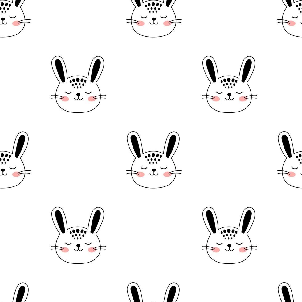 Little bunny doodle style. Hand drawn seamless pattern with cute cartoon Rabbit head. Kids background. Kids design texture. Vector illustration