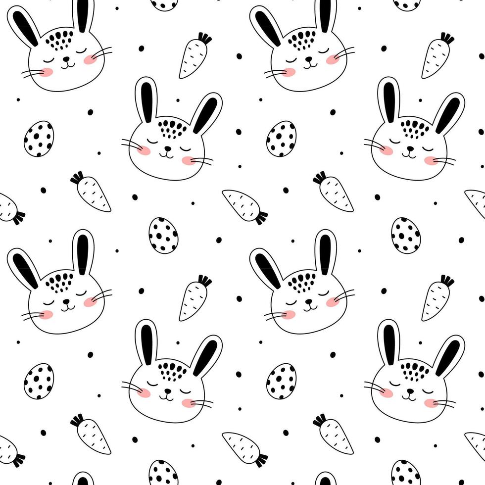 Little bunny doodle style. Hand drawn seamless pattern with cute cartoon Rabbit, painted eggs, carrots. Kids background. Kids design texture. Vector Happy Easter illustration