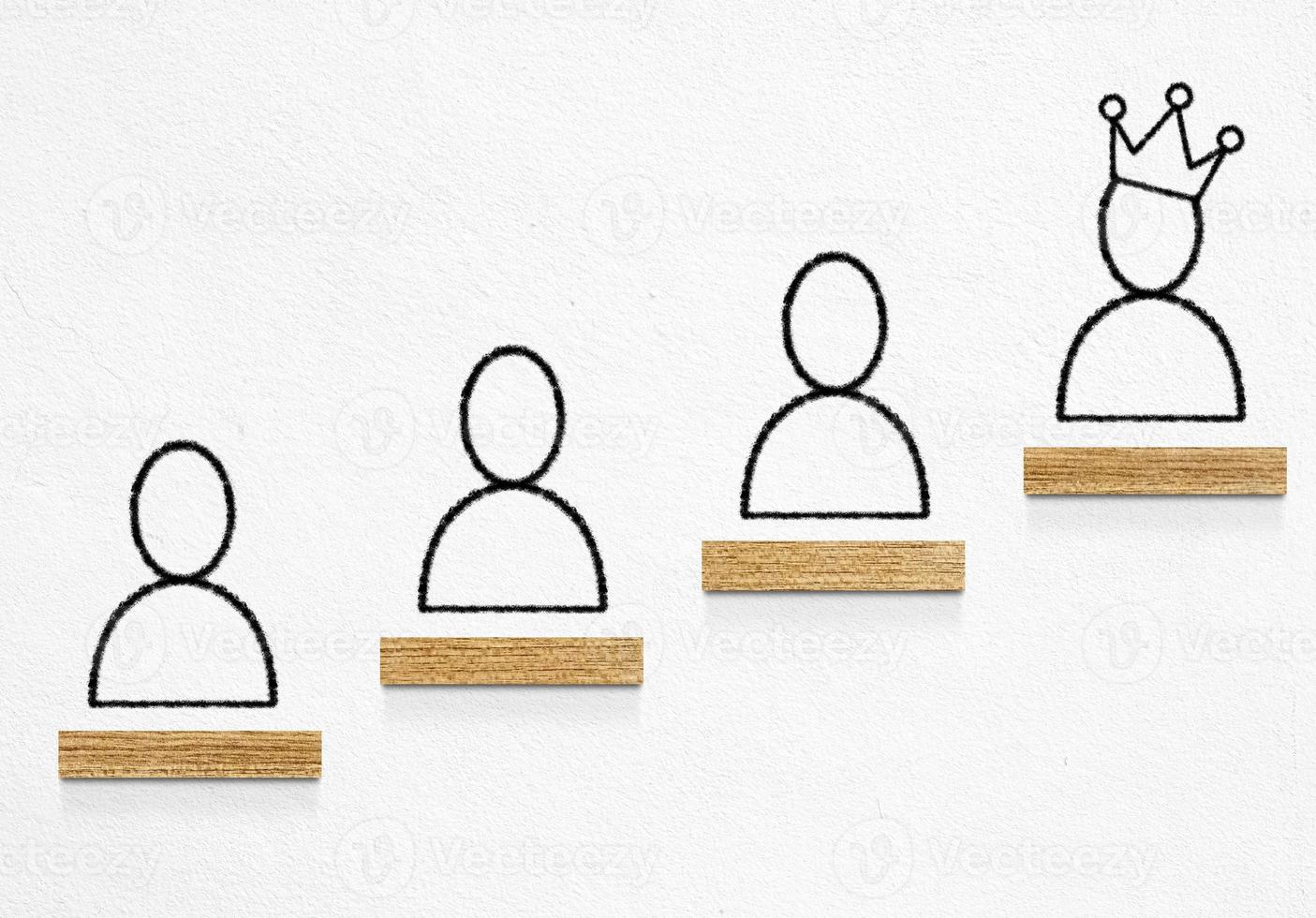 Wooden Stair Step on White Stucco Wall with Businessman Icons and a Leader on the top Step, Suitable for Growth Up in Business Concept. photo