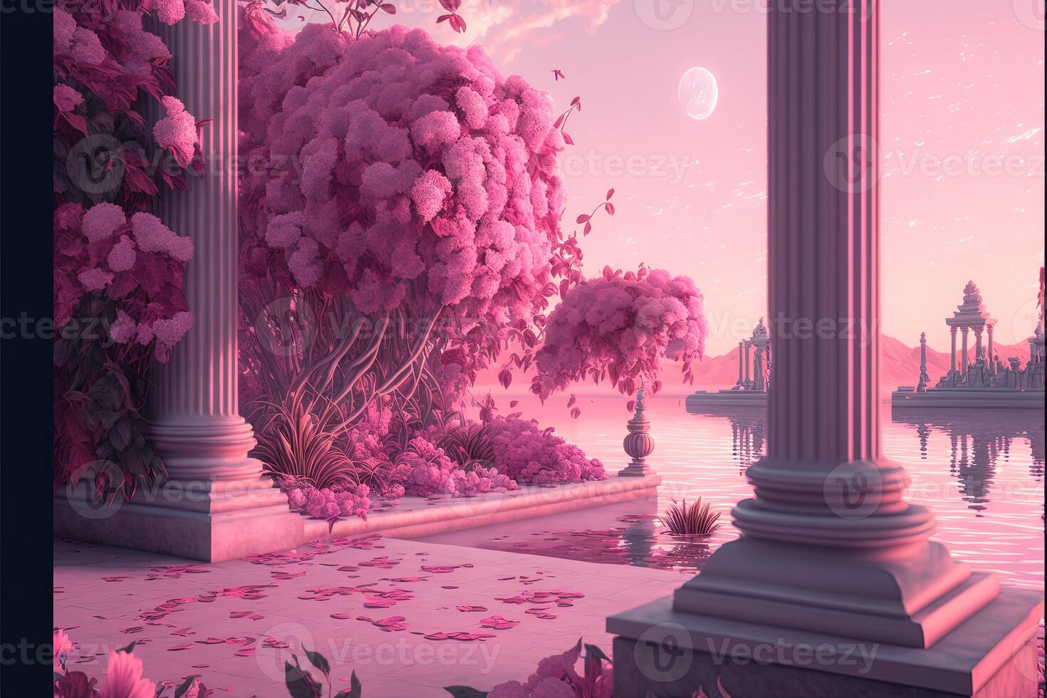 Beautiful romantic fabulous spring landscape with blooming lush sakura and water. Romantic background. . photo