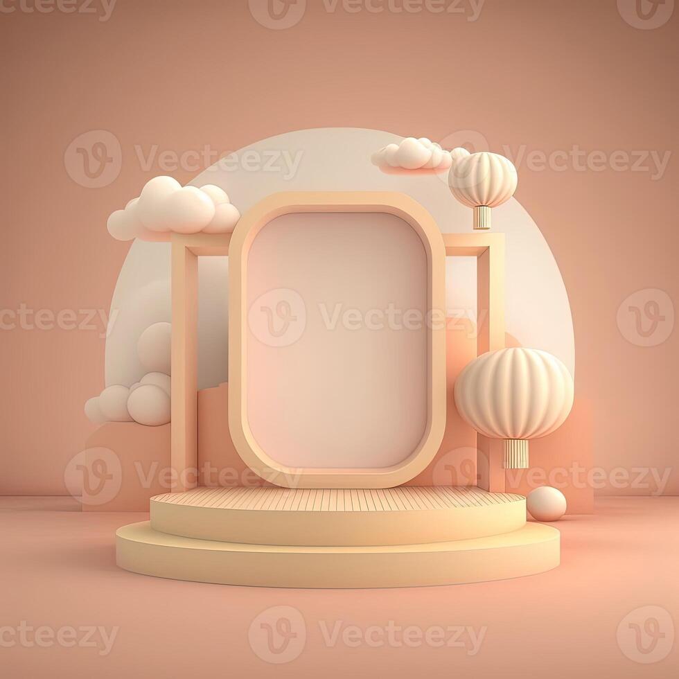 Biege 3d round podium with cloud. Empty space for text. . photo