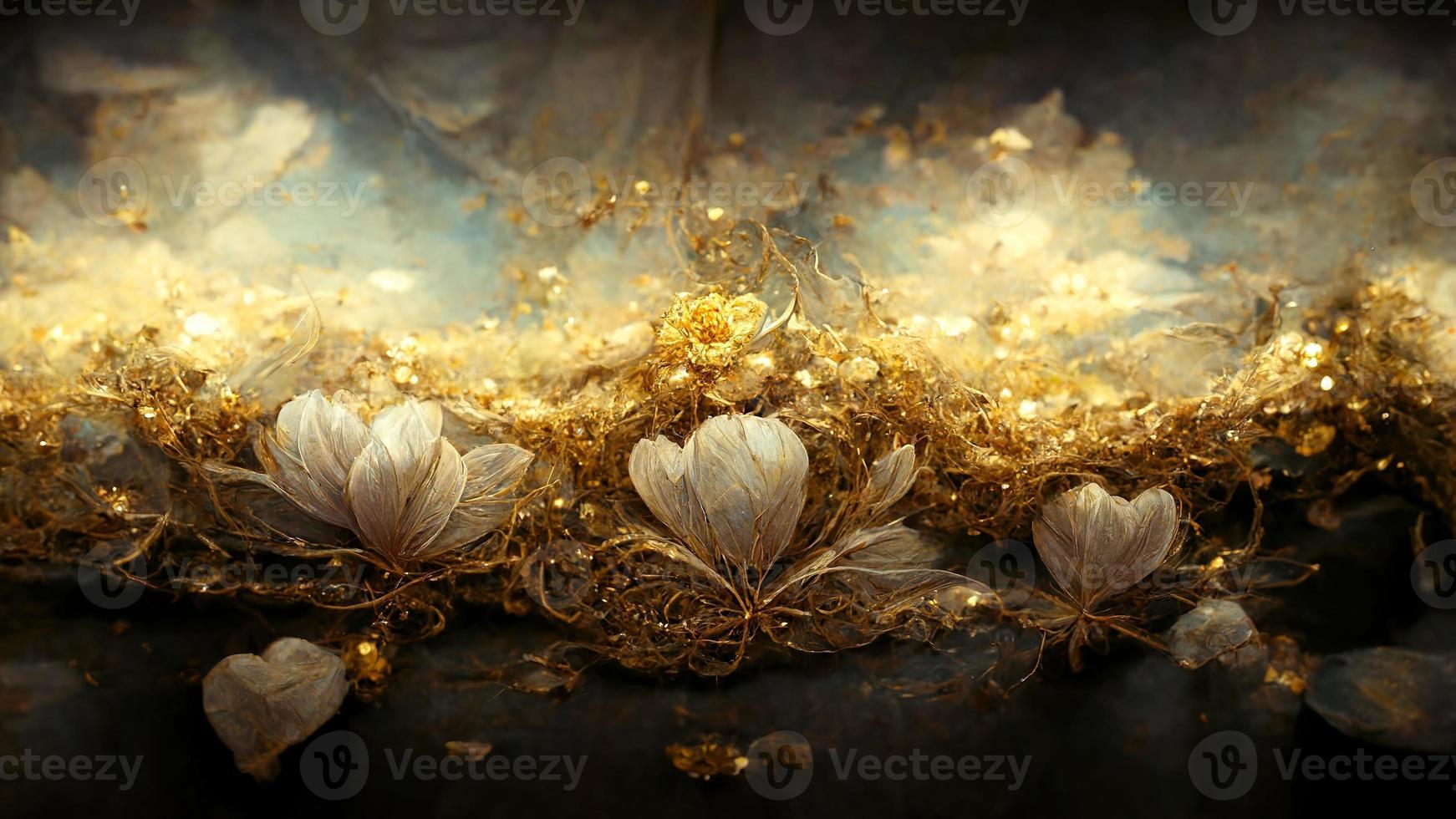 Magic fairy tale luxury background with golden flowers pollen light effects. 3D illustration. Ai render. photo